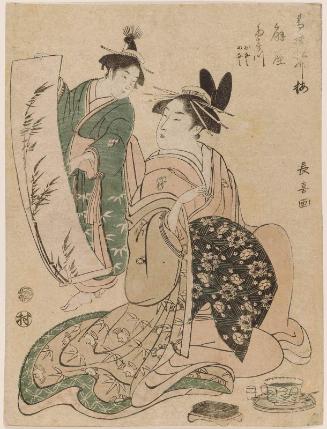 Bamboo: Takigawa of the Ôgiya, kamuro Onami and Menami, from the series Pine, Bamboo, and Plum in the Pleasure Quarters (Seirô shôchikubai)