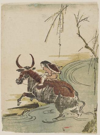 Boy Riding a Water Buffalo across a Stream
