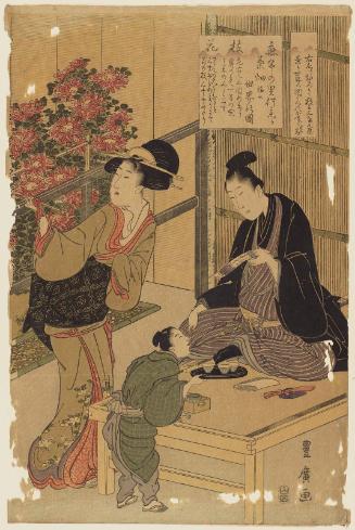Woman smoking, seated man writing and small boy holding tray