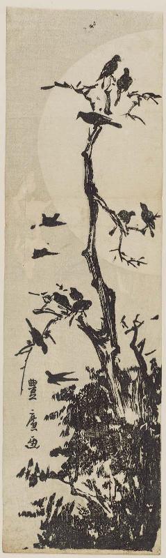 Crows in Tree in Front of Full Moon