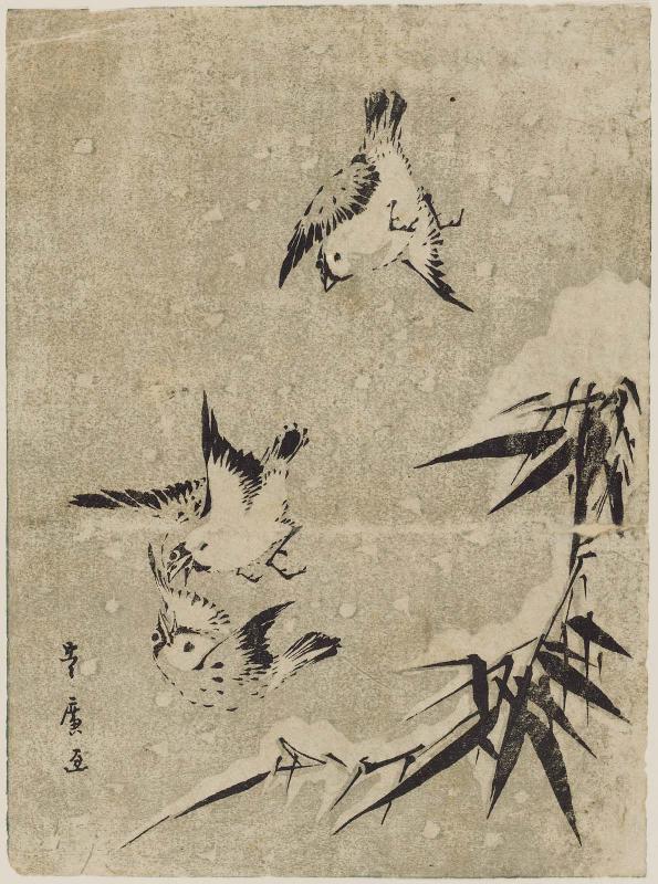 Flying Sparrows and Snow-covered Bamboo