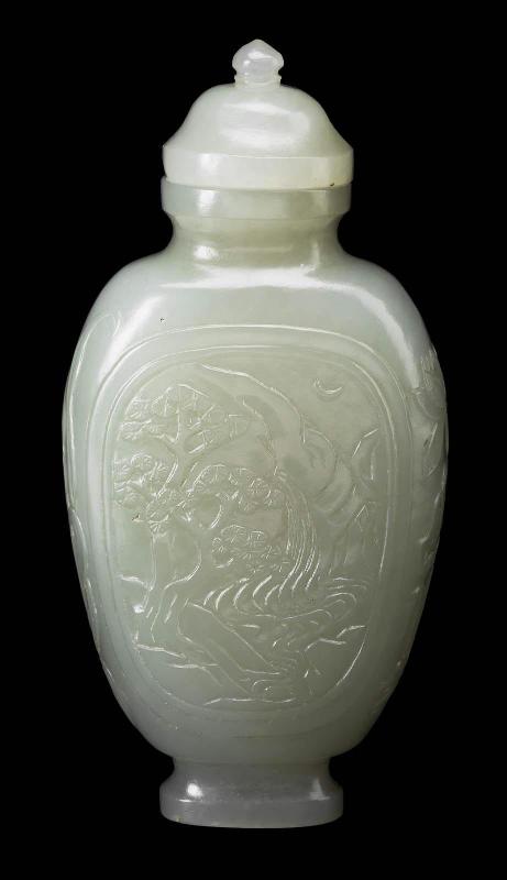 Jade snuff bottle with low relief of a landscape scene
