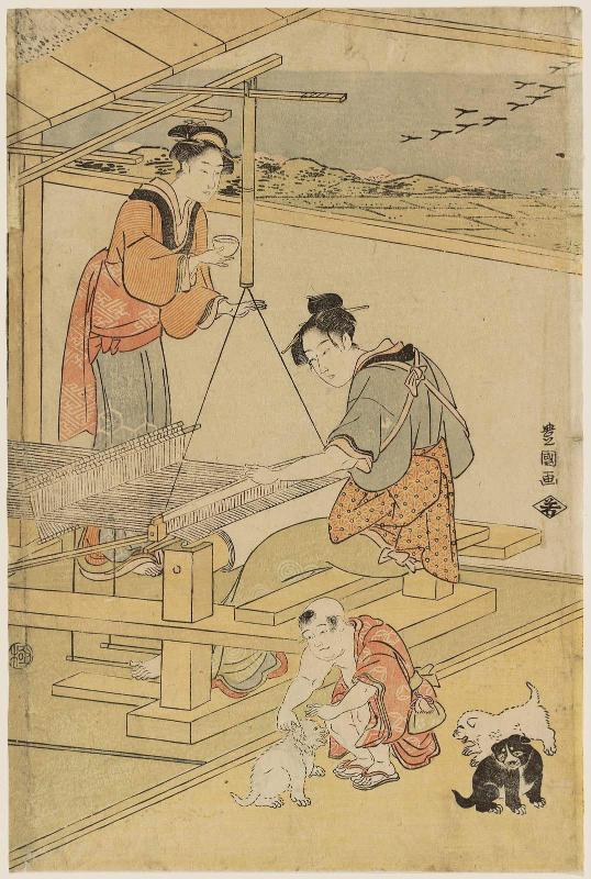 Women Weaving and Boy Playing with Puppies