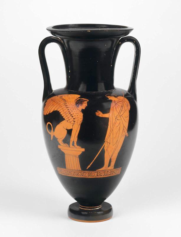 Two-handled jar (amphora) depicting Oedipus and the Sphinx of Thebes