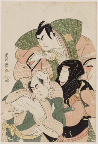 Actors Arashi Hinasuke I as Akita Jônosuke Yoshikage, Segawa Kikunojô III as Sanohara Saemon's Wife Shirotae, and Arashi Sanpachi I as the Farmer Shioname no Jizô, Actually Asahara Hachirô Tametsura