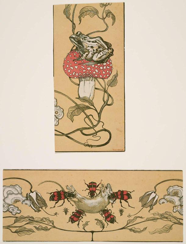 Border Designs for 1899 Calendar: Frog on a Mushroom and Beetles Eating Dead Mouse