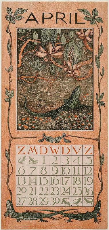 Lizard under Chestnut Branch (1902 Calendar: April)