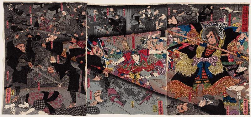 The Night Attack of Kumasaka at Akasaka Station in Mino Province (Mino no kuni Akasaka shuku Kumasaka youchi no zu)