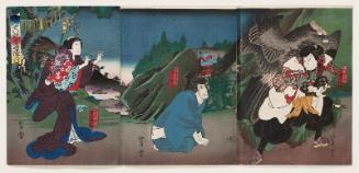 Actors Onoe Tamizô II as Jiraiya (R),  Ichikawa Takijûrô II as Fukitarô (C), and Ichikawa Dannosuke V as Omatsu (R), in Keisei Jiraiya Monogatari