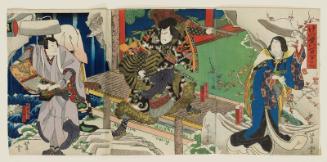 Actors Ogino Senjo as Koshimoto Moshio (R), Arashi Kichisaburô III as Kanoko Kanbei (C), and JItsukawa Enzaburô I as Karazaki Sakujûrô (L)