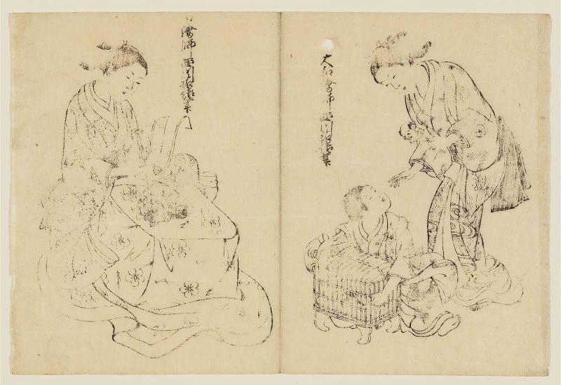 Woman, Child, and Bird in Cage (R); Woman Reading at Kotatsu, with Cat (L), from the book (Yamato fûryû) Nishikawa tsuya sugata