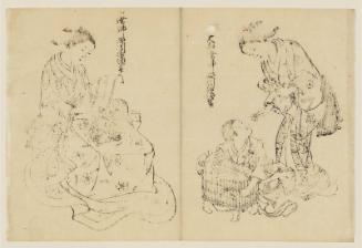 Woman, Child, and Bird in Cage (R); Woman Reading at Kotatsu, with Cat (L), from the book (Yamato fûryû) Nishikawa tsuya sugata
