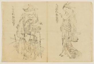 Woman Admiring Chrysanthemums (R) and Woman Reading a Letter (L), from the book (Yamato fûryû) Nishikawa tsuya sugata