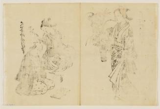 Woman Playing Shamisen and Man Chanting (R) and Woman Carrying a Bucket of Flowers (L), from the book (Yamato fûryû) Nishikawa tsuya sugata