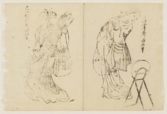 Standing Woman Looking in Mirror (R) and Woman Holding a Koto (L), from the book (Yamato fûryû) Nishikawa tsuya sugata