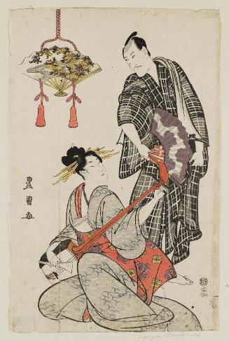 Actor Matsumoto Kôshirô V (?) and Woman Playing Shamisen, from an untitled series with fans possibly representing the Six Jewel Rivers (Mu Tamagawa)