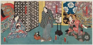 Actors Iwai Kumesaburô III as the Courtesan (Keisei) Iwasaki (R), Ichikawa Ebizô V as Bizen'ya Jûbei (C), and Ichikawa Danjûrô VIII as Yamakawaya Gonroku (L)