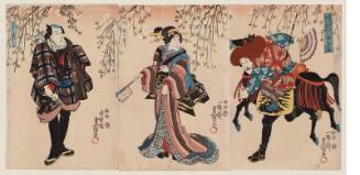 Cherry Blossom Viewing in the Third Month (Yayoi sakura-gari): Actors Nakamura Utaemon IV as a Stunt Rider (Kyokubanori) (R), Fujikawa Kayû III as a Worshipper at a Special Viewing of Images (Kaichô mairi) (C), and Ichimura Uzaemon XII as the Leader of a Lotus Sutra Worship Group (Daimoku no kôgashira) (L), from the series The Five Festivals (Gosekku no uchi)