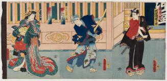 Actors Kawarazaki Gonjûrô I as Agemaki's Sukeroku (R), Nakamura Shikan IV as a Vendor of White Sake (Shirozake-uri) (C), and Iwai Kumesaburô III as Miuraya Agemaki (L)