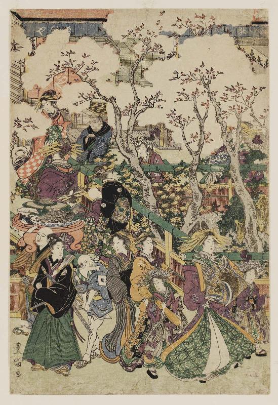 Sheet 5 of Cherry Blossoms in the New Yoshiwara, a Pentaptych (Shin Yoshiwara sakura no keshiki, gomai tsuzuki)