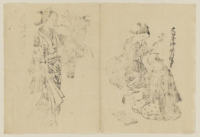 Woman Playing Shamisen and Man Chanting (R) and Woman Carrying a Bucket of Flowers (L), from the book (Yamato fûryû) Nishikawa tsuya sugata