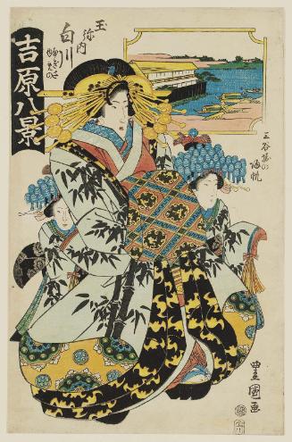 Returning Sails at San'yabori (San'yabori no kihan): Shirakawa of the Tamaya, kamuro Nagisa and Yumeno, from the series Eight Views in the Yoshiwara (Yoshiwara hakkei)