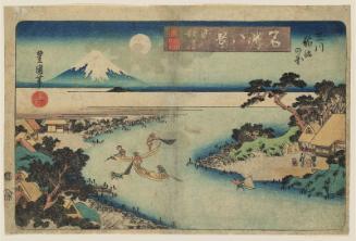 Autumn Moon of the Jewel River: Netting Whitebait in the Jewel River  (Tamagawa shûgetsu, Tamagawa ayukumi no zu), from the series Eight VIews of Famous Places (Meisho hakkei), 2nd edition