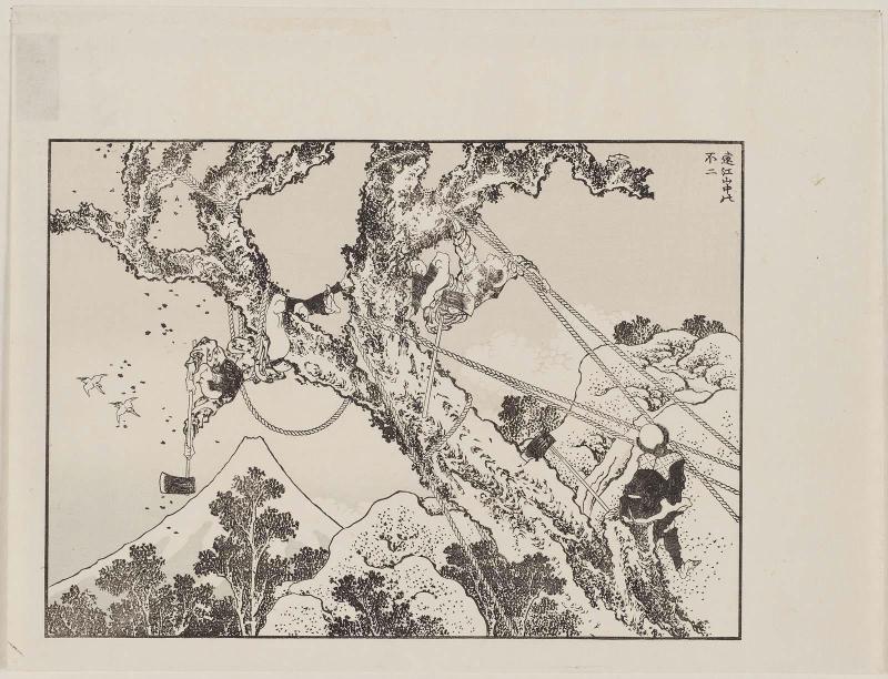 Fuji from the Mountains of Tôtômi (Tôtômi sanchû no Fuji), reproduction of two pages of Fugaku hyakkei, from the book Chûko meika gachô, Hokusai iga no bu