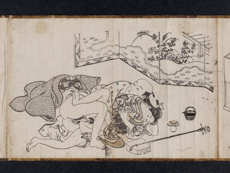 Couple with Sake, Shamisen, and Folding Screen, from an untitled erotic series