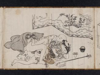 Couple with Sake, Shamisen, and Folding Screen, from an untitled erotic series
