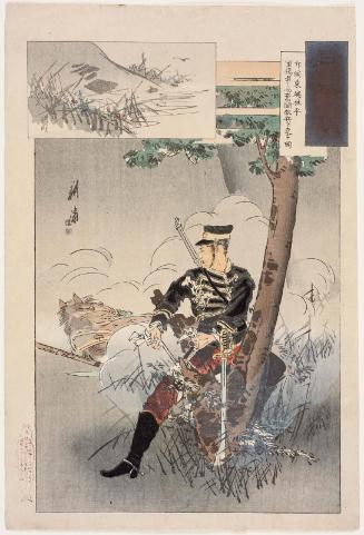 Scout Higashibata Rinpei, Though Seriously Wounded, Bravely Routs the Enemy Soldiers (Sekkô Higashibata Rinpei jûshô makete tô funtô tekihei o washisu zu), from the series The Japanese Spirit (Yamatodamashii)