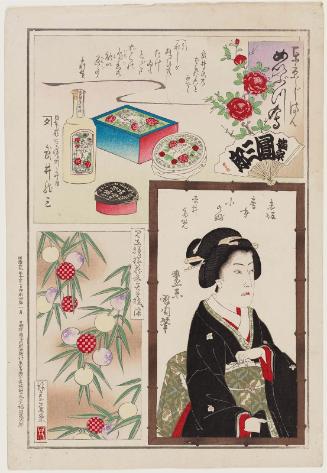 Products from the Drug Store of Takei Ryûzô (top); the Geisha Konobu of Akasaka (bottom right); Sample  Kimono Pattern (bottom left), from the series Comparisons of Famous Products, the Pride of Tokyo (Tôkyô jiman meibutsu awase)