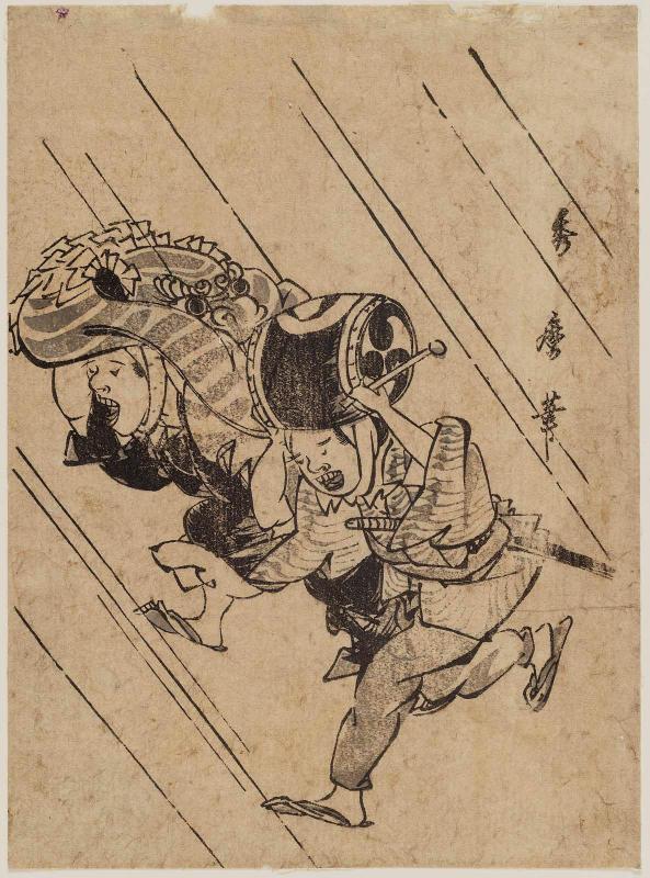 Lion Dancer and Drummer Running in Rain