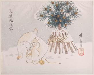 Puppies and New Year Pine Tree