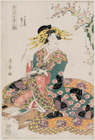 Spring (Warbler and Plum Blossoms): Karauta of the Chôjiya, from the series Songs of the Four Seasons in the Pleasure Quarters (Seirô shiki no uta)