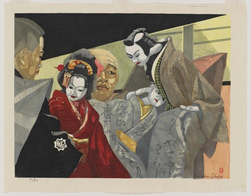 The Puppeteer Kiritake Monjûrô with the Puppet Jihei (Right) and Other Puppeteers with Osui, the daughter of Jihei (Center) and Koharu (Left)