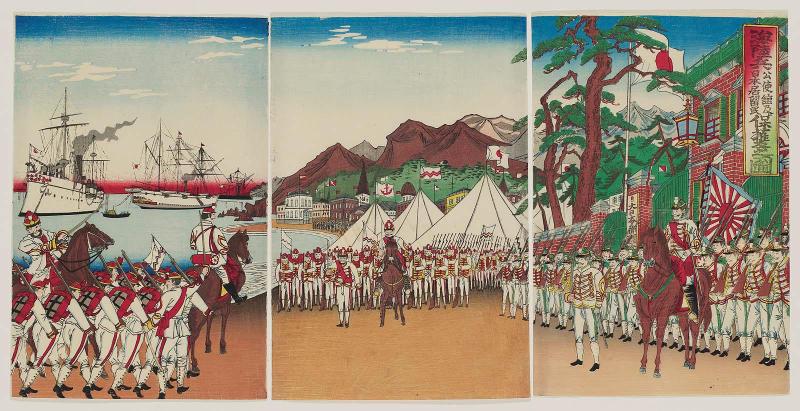 Illustration of the the Army and Navy Protecting the Legations and Japanese Residents (Kairikuhei kôshikan no Nihon kyoryûmin hogo no zu)