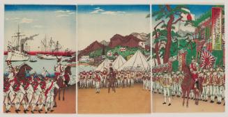 Illustration of the the Army and Navy Protecting the Legations and Japanese Residents (Kairikuhei kôshikan no Nihon kyoryûmin hogo no zu)
