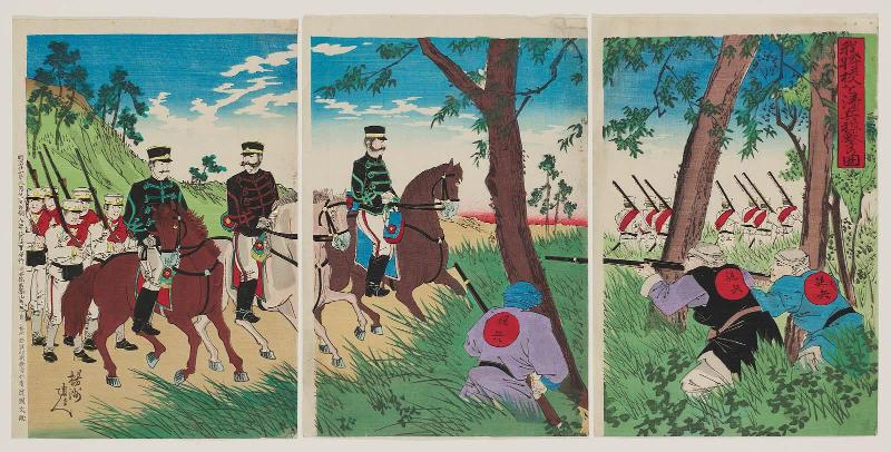 Illustration of Chinese Soldiers Ambushing Our Officers (Waga shôkô o seihei môgeki no zu)