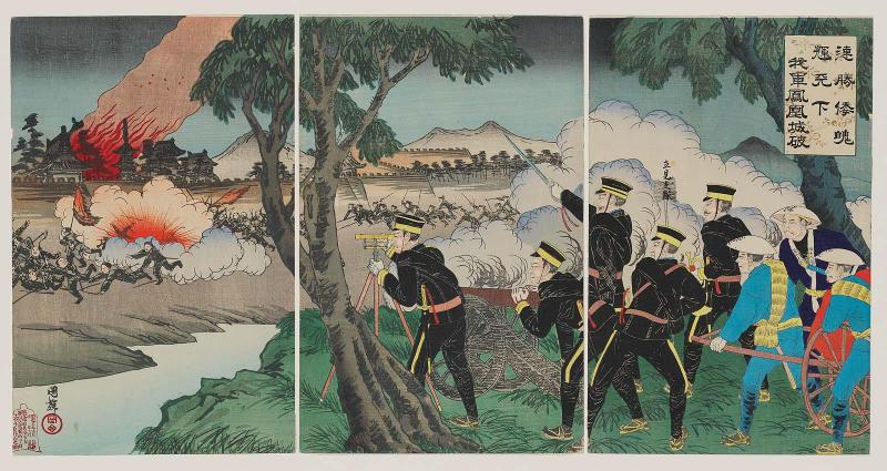 Victory After Victory, the Japanese Spirit Becomes Famous All Over the World: Our Armed Forces Defeating the Chinese at Fenghuangcheng (Renshô wakon tenka ni kagayakasu, wagagun Hôôjô o yaburu)