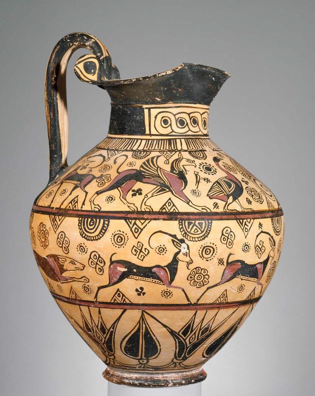 Pitcher (oinochoe) in the Wild Goat style, with bands of flowers, animals, and birds