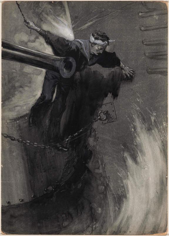Heroic Seaman from the Hatsuse Leaps into a Lifeboat to Save his Comrades, a drawing for Japan's Fight for Freedom