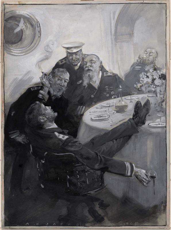 Uncalled-for Hilarity:  Officers of the Mad Dog Fleet Drinking and Making Merry over the Story of the Outrage, a drawing for Japan's Fight for Freedom
