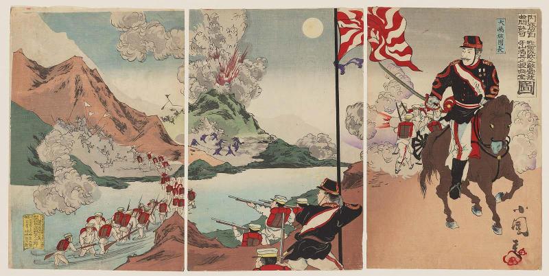 With Permission of the Censors of the Ministry of the Interior: Our Army Fights through to the Enemy Fortress at Seonghwan and Captures the Qing Army's Base at Asan (Naimushô ken'etsu kyoka, Wagagun Seikan no tekirui nuku, Gazan Shinhei no konkyo ubau zu)