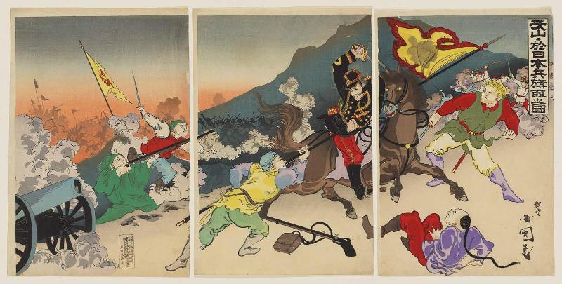 A Japanese Soldier Taking the Enemy Flag at Asan (Gazan ni oite Nihon hei hata o toru no zu)