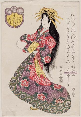 Midorigi of the Wakamatsu(ya), kamuro Kameji and Iwami, from the series Female Poetic Immortals in the Modern Style, a Set of Thirty-six (Imayô onna kasen, sanjûrokuban tsuzuki)