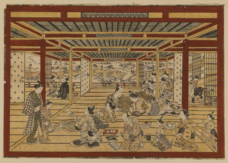 Large Perspective Picture of a Second-story Parlor in the New Yoshiwara, Looking toward the Embankment (Shin yoshiwara nikai zashiki dote o mitôshi ô-uki-e)