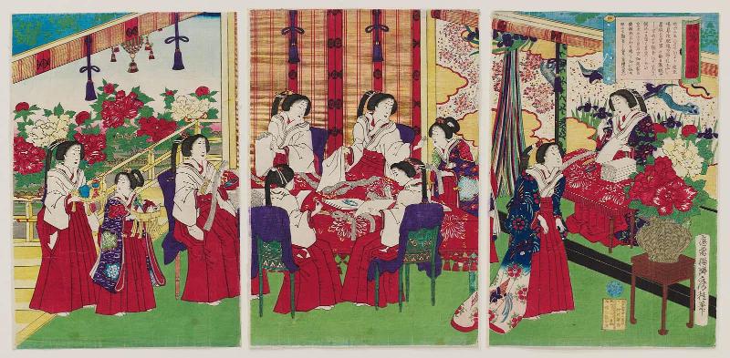 Report of the People Living in Perfect Contentment (Denbun banmin kofuku): Empress and Ladies-in-Waiting Making Cotton Strings to Aid Wounded Troops in the Kagoshima Rebellion