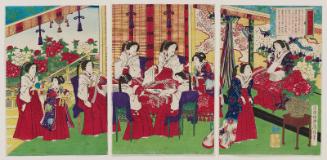Report of the People Living in Perfect Contentment (Denbun banmin kofuku): Empress and Ladies-in-Waiting Making Cotton Strings to Aid Wounded Troops in the Kagoshima Rebellion