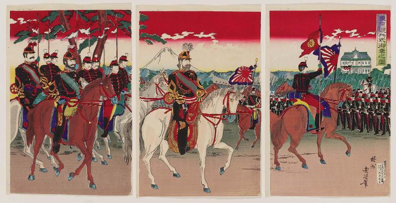 Illustration of a Military Review in Tokyo Attended by the Emperor (Tôkyô kanpeishiki gokô no zu)